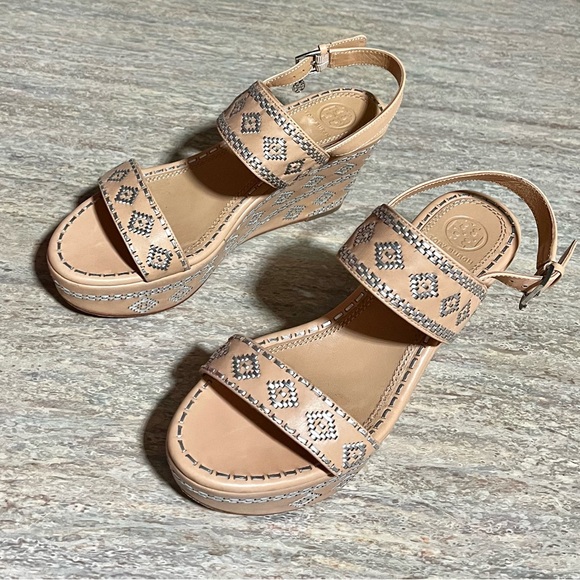 Tory Burch Natural Vachetta Ankle Strap Wedge Calf Leather Sandals - Picture 6 of 16